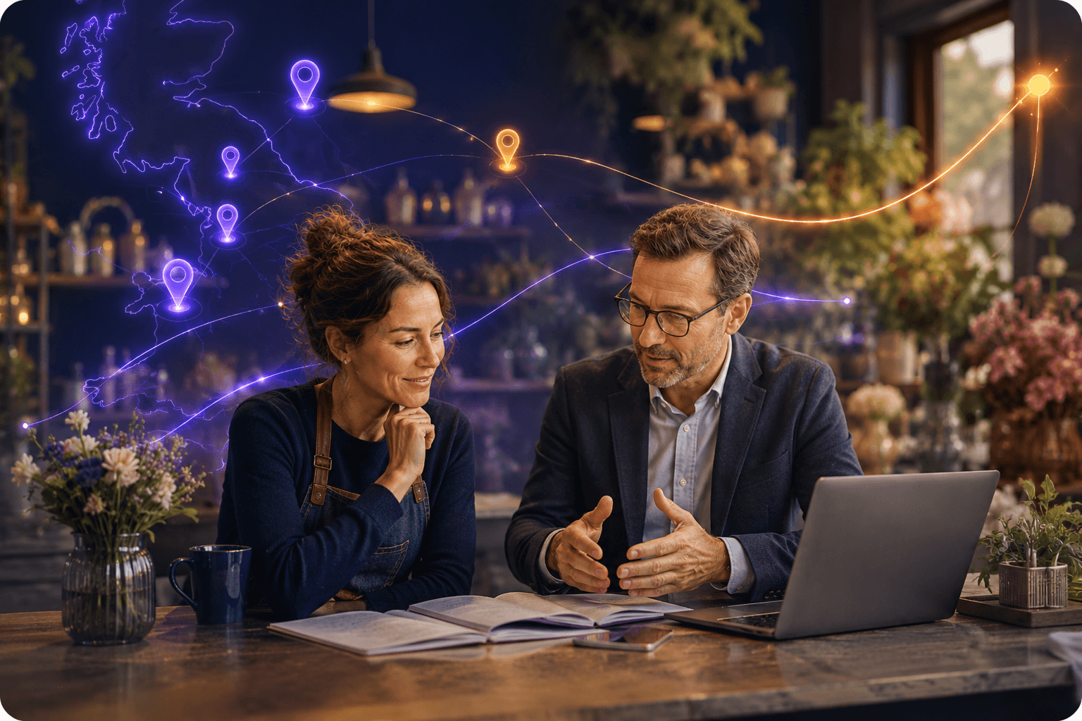 A UK business owner reviewing their visibility report with a Rank Meter advisor